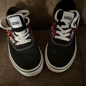 Vans Black Canvas Sneakers with Red Flame Design